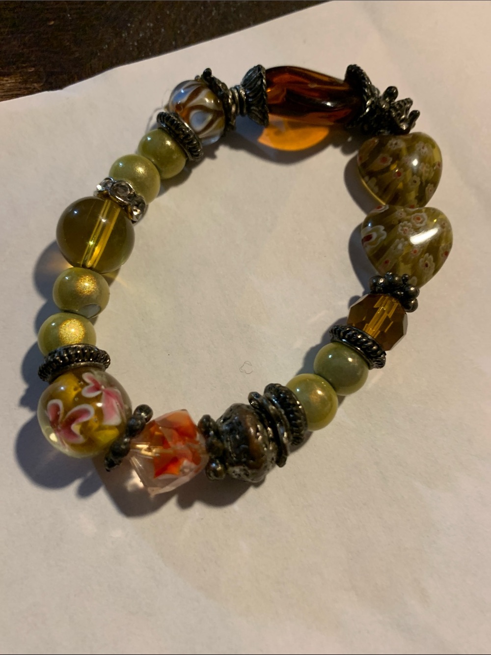 Olive Green & Amber Floral Simulated Glass Bead Stretch Bracelet